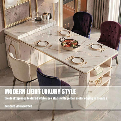 60"-79"Elegant Marble Kitchen Island Dining Set with Built-in Tea Station & Open Shelves