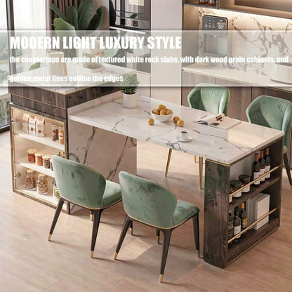 60"-79"Wood & Marble Kitchen Island Dining Combo with Built-in Power Strip & Open Storage Shelves