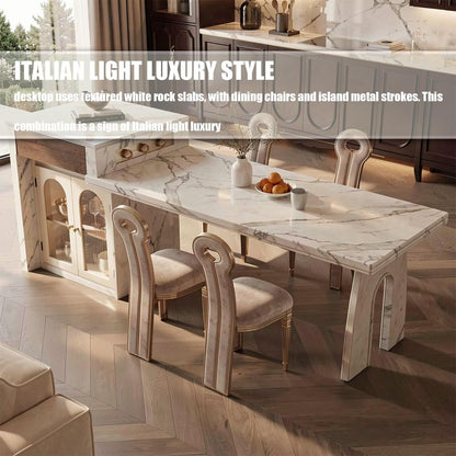 60"-79"French Marble Kitchen Island Dining Combo with Built-in Outlets & Glass Cabinet