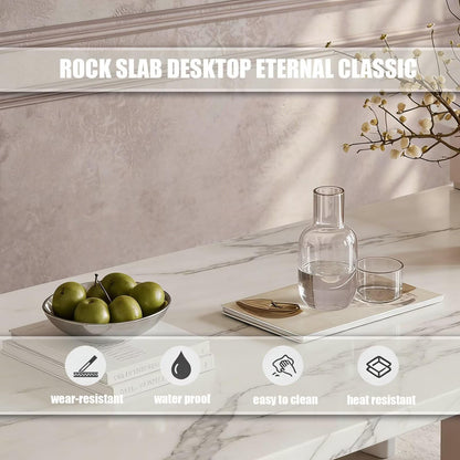 60"-79"White Marble Kitchen Island Dining Combo with Built-in Outlets & Storage Drawers