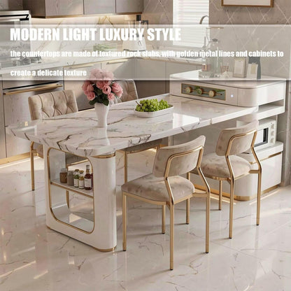 60"-79"Luxury Marble Kitchen Island Dining Combo with Built-in Outlets & Open Storage