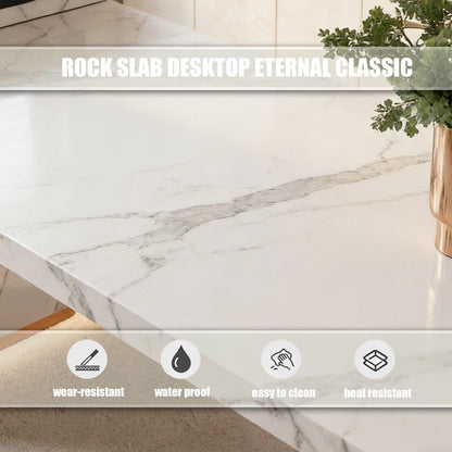 60"-79"Modern White Marble Kitchen Island Combo with Dining Table & Drawer Storagen