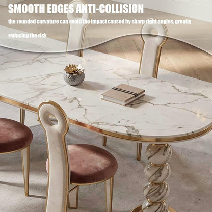 60"-79"Luxury Marble Kitchen Island with Oval Dining Table, Tea Station & Gold Trim