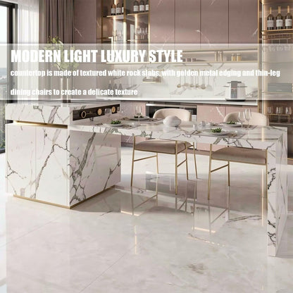 60“-79”Luxury Modern Marble Kitchen Island with Retractable Dining Table & Power Station