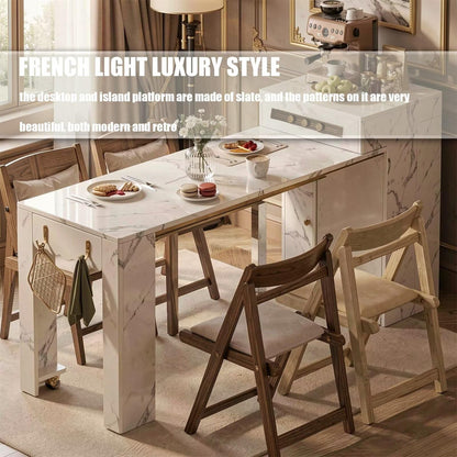 60"-79"Rolling Marble Kitchen Island Dining Combo with Built-in Power Strip & Coffee Station