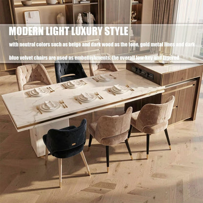 60"-79"Wood & Marble Kitchen Island Dining Combo with Built-in Power Station & Storage Cabinet
