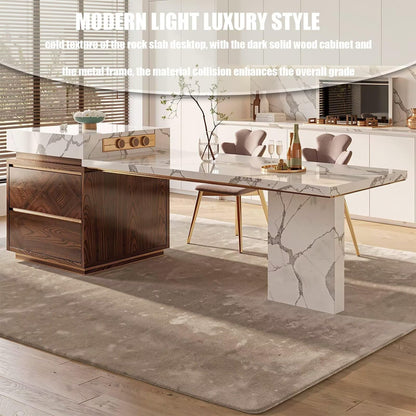 60"-79"Elegant Marble Kitchen Island Dining Set with Wood Accents & Integrated Storage