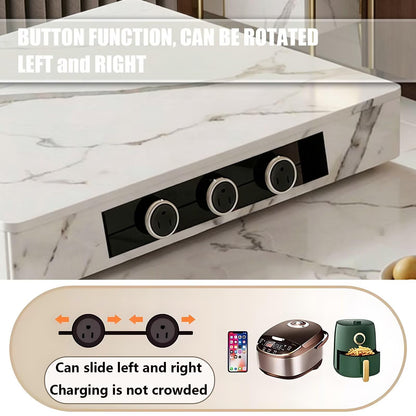 60"-79"Luxury Marble Kitchen Island with Dining Table, Built-in Power Station & Wood Storage