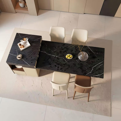 60-79"Modern Black Marble Kitchen Island with Dining Table & Built-in Power Station