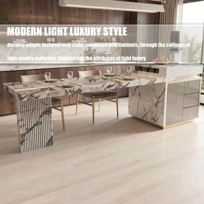 60"-79"Luxury Marble Kitchen Island Dining Combo with LED Light & Gold Trim Storage