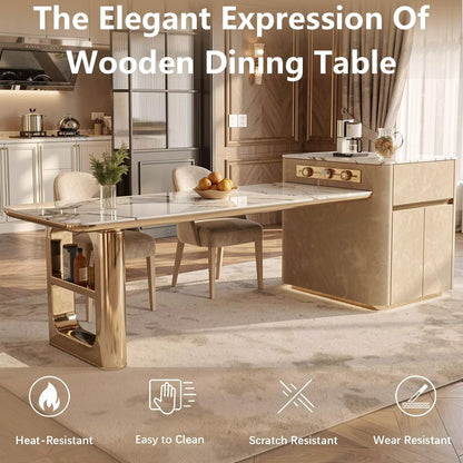 60"-79"Elegant Marble Kitchen Island Dining Set with Gold Metal Base & Built-in Power Station