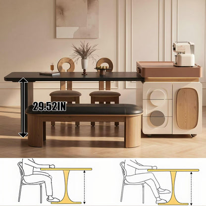 60"-79"Cream Style Kitchen Island Combo with Black Dining Table & Rolling Storage Cabinet