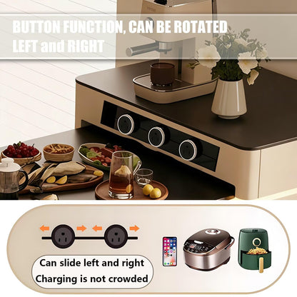 60"-79"Cream Style Kitchen Island with Black Dining Top, Power Outlets & Storage Cabinet