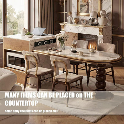 60"-79"French Style Marble Kitchen Island with Oval Dining Table & Built-in Power Station