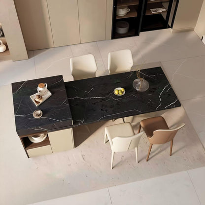 60-79"Modern Black Marble Kitchen Island with Dining Table & Built-in Power Station