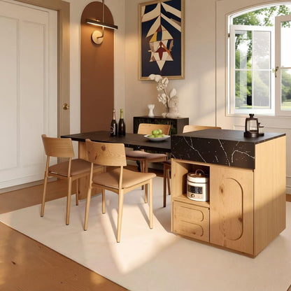 Light Wood Kitchen Island Combo with Dining Table & Open Storage Shelf