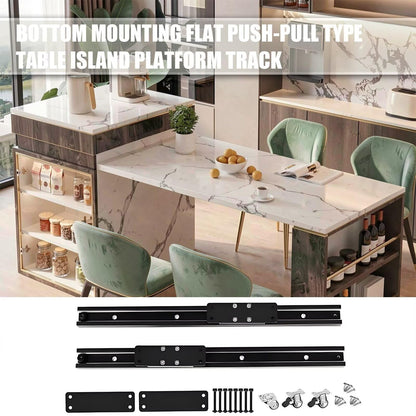 60"-79"Wood & Marble Kitchen Island Dining Combo with Built-in Power Strip & Open Storage Shelves