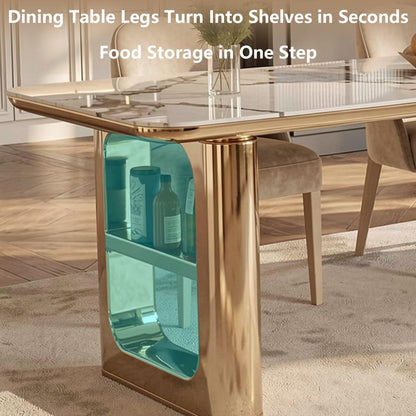 60"-79"Elegant Marble Kitchen Island Dining Set with Gold Metal Base & Built-in Power Station