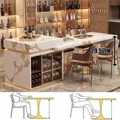 60"-79"Luxury Marble Kitchen Island Dining Combo with Built-in Wine Rack & Gold Trim