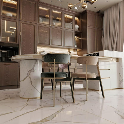 60"-79"White Marble Oval Kitchen Island Dining Combo with Built-in Outlets & Storage