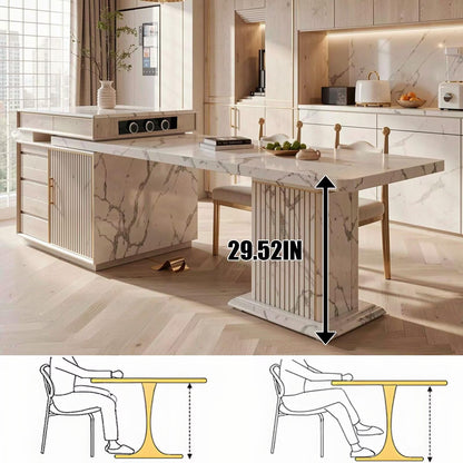 60"-79"Luxury White Marble Kitchen Island with Extendable Dining Table & Gold Trim