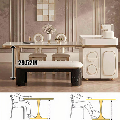 60"-79"White & Gold Kitchen Island Dining Combo with Built-in Outlets & Storage Cabinet