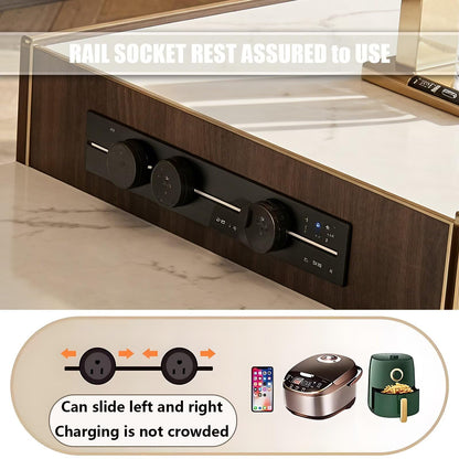 60"-79"Wood & Marble Kitchen Island Dining Combo with Built-in Power Station & Storage Cabinet