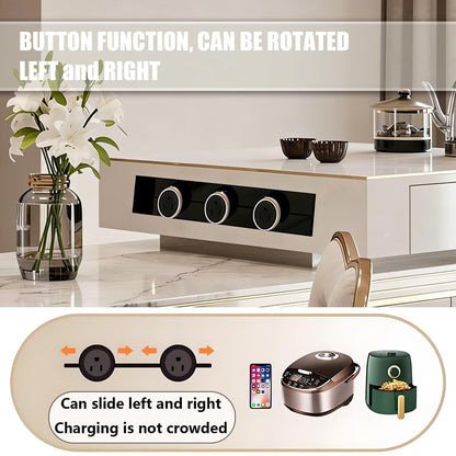 60"-79"Luxury Oval Marble Kitchen Island with Gold Trim, Built-in Power & Cabinet Storage