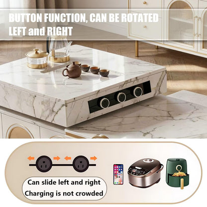 60"-79"Luxury Marble Kitchen Island with Oval Dining Table, Tea Station & Gold Trim
