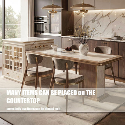 60"-79"Modern Calacatta Marble Kitchen Island with Integrated Dining Table & Gold Trim