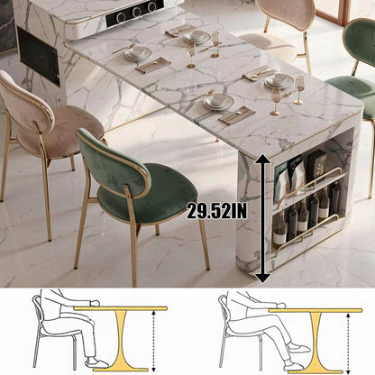 60"-79"Marble Kitchen Island Dining Table with Wine Rack & Storage, Luxury Gold Trim