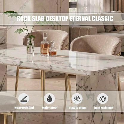 60"-79"White Marble Kitchen Island Dining Combo with Built-in Outlets & Side Wine Storage