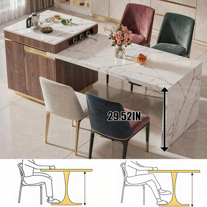 60“-79”Wood &amp; Marble Kitchen Island with Dining Table, Tea Station &amp; Built-in Power Station