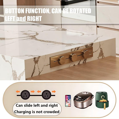 60“-79”Light Wood Kitchen Island Dining Set with Marble Accent, Built-in Outlets & Wine Storage