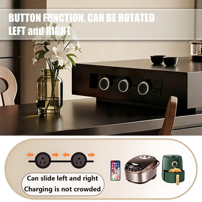 60"-79"Modern Dark Wood Kitchen Island with Oval Dining Table & Built-in Outlets