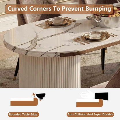 60"-79"Marble & Wood Kitchen Island Dining Combo with Built-in Outlets & Fluted Base