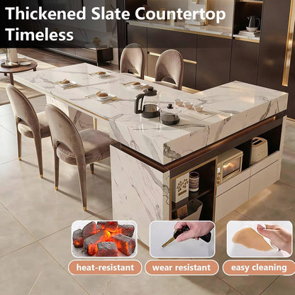 60"-79"Marble Kitchen Island Dining Combo with Built-in Tea Station & Open Storage