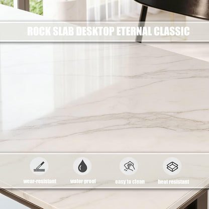 60"-79"White Marble Kitchen Island Dining Combo with Built-in Outlets & Side Storage