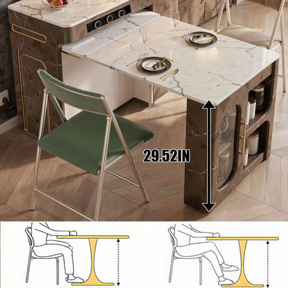 60"-79"Retro Marble Kitchen Island with Extendable Dining Table & Built-in Power Station