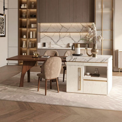 60"-79"Wood & Marble Kitchen Island with Dining Table, Storage Cabinet & Power Station