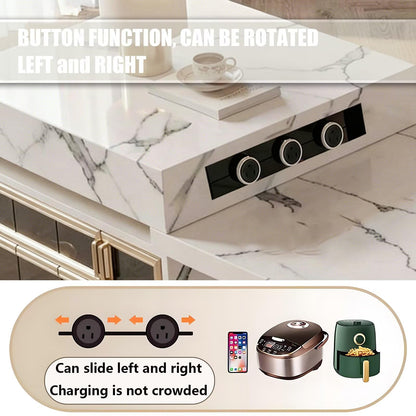 Luxury Marble Kitchen Island with Dining Table, Gold Trim & Built-in Power Station