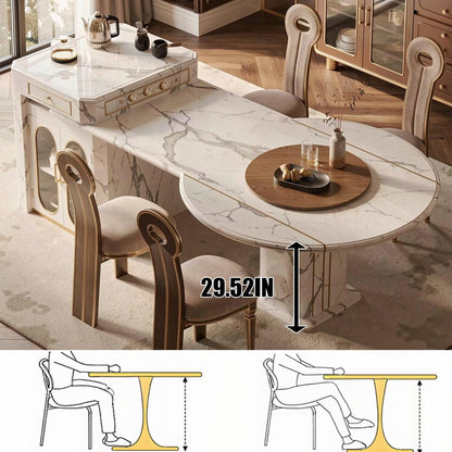 60"-79"Marble Kitchen Island Dining Combo with Built-in Outlets, Storage & Lazy Susan