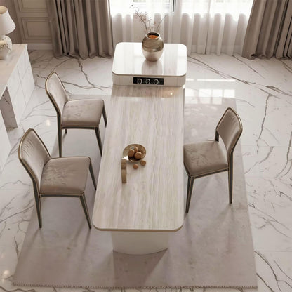 60"-79"Cream Marble Kitchen Island Dining Combo with Built-in Outlets & Storage Drawers