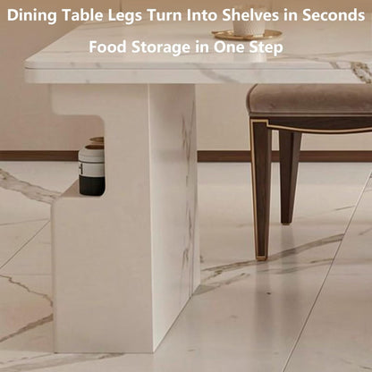 60"-79"Marble & Wood Kitchen Island Dining Combo with Built-in Storage Cabinet