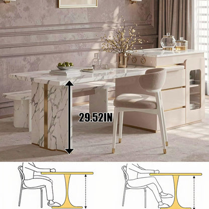 60"-79"White Marble Kitchen Island Dining Combo with Built-in Outlets & Storage Drawers
