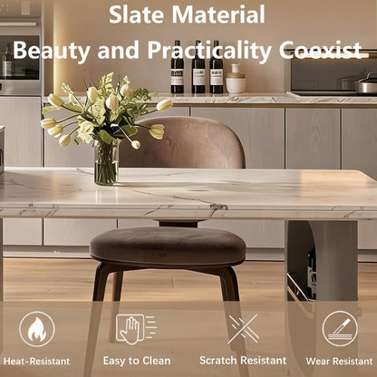 60"-79"Modern Kitchen Island Dining Combo with Marble Top, LED Light & Built-in Outlets
