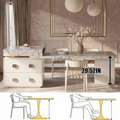 60"-79"Elegant Calacatta Marble Kitchen Island with Dining Table & Storage Cabinet