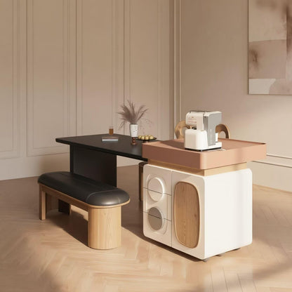 60"-79"Cream Style Kitchen Island Combo with Black Dining Table & Rolling Storage Cabinet