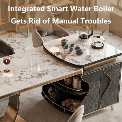 60"-79"Luxury Marble Kitchen Island with Integrated Dining Table, Tea Set & Gold Trim