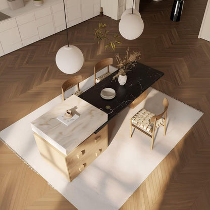 60"-79"Wood & Marble Kitchen Island with Integrated Dining Table & Storage Drawers